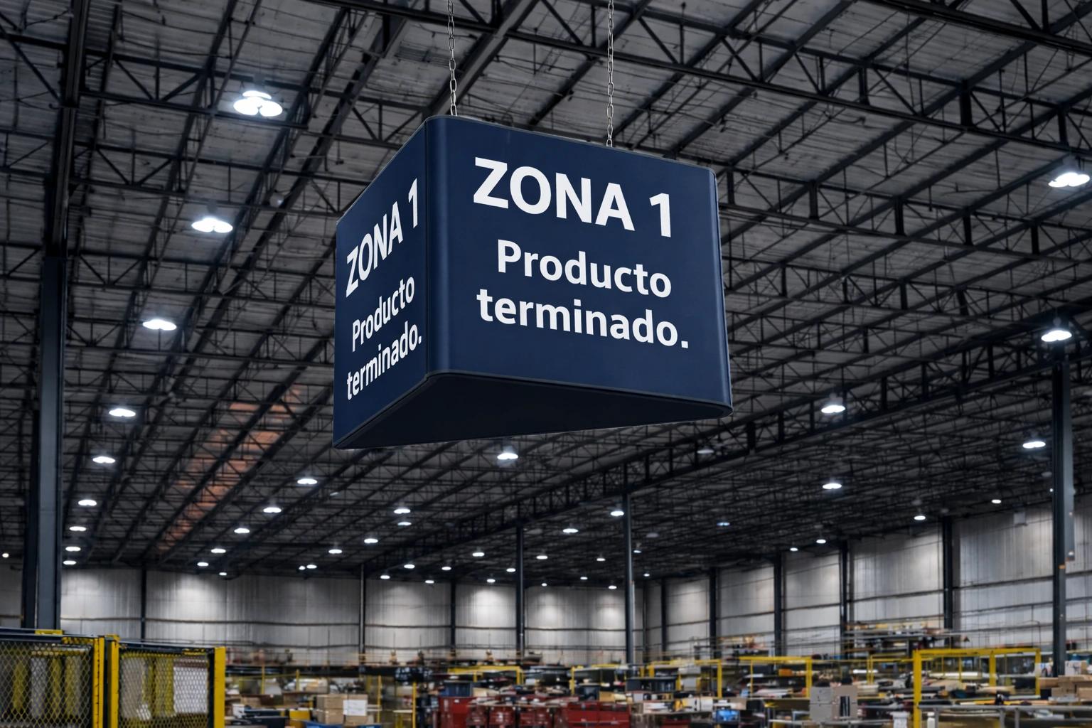Señalización colgante para identificar una zona de producto terminado en una nave industrial